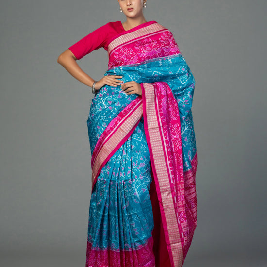 Magenta & Turquoise Mulberry Silk Single Ikat Saree - Fabric texture and drape