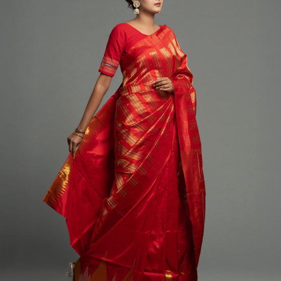 Red & Gold Handwoven Full Tissue Silk Royal Saree - Border and weave close-up