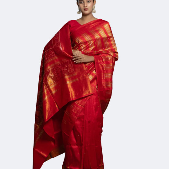Red & Gold Handwoven Full Tissue Silk Royal Saree - Full drape view