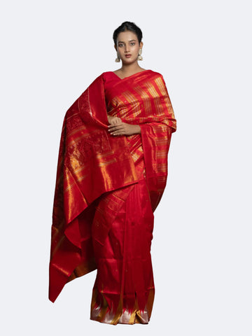 Red & Gold Handwoven Full Tissue Silk Royal Saree - Full drape view