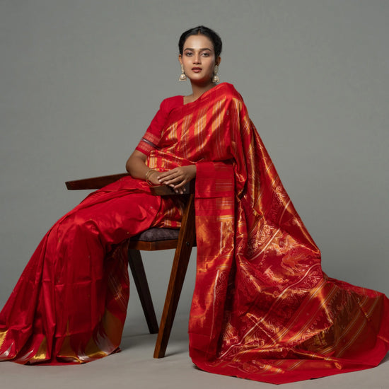 Red & Gold Handwoven Full Tissue Silk Royal Saree - Fabric texture and drape