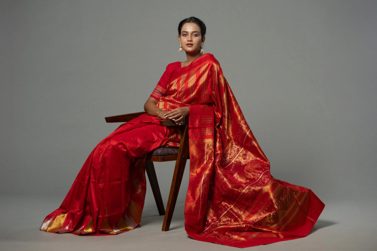 Red & Gold Handwoven Full Tissue Silk Royal Saree - Fabric texture and drape