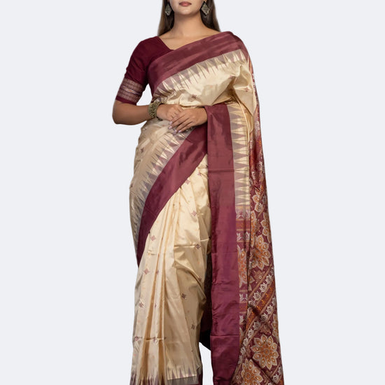 Beige & Coffee Pure Mulberry Silk Bomkai Saree - Full drape view