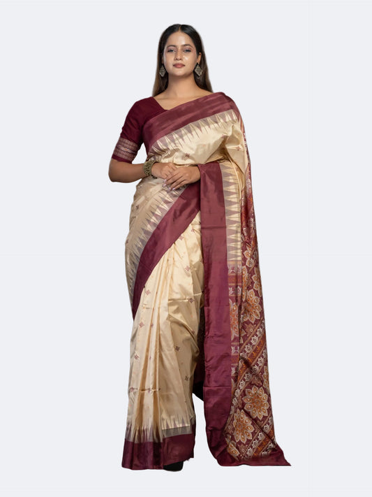 Beige & Coffee Pure Mulberry Silk Bomkai Saree - Full drape view