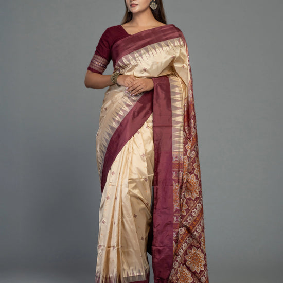 Beige & Coffee Pure Mulberry Silk Bomkai Saree - Border and weave close-up