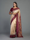 Beige & Coffee Pure Mulberry Silk Bomkai Saree - Border and weave close-up