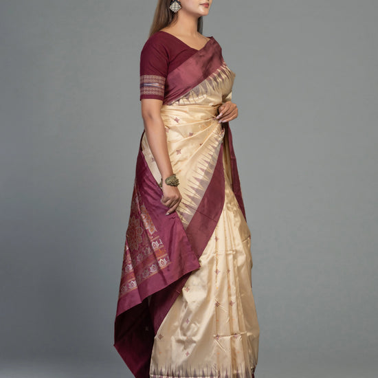 Beige & Coffee Pure Mulberry Silk Bomkai Saree - Pallu and anchal detail