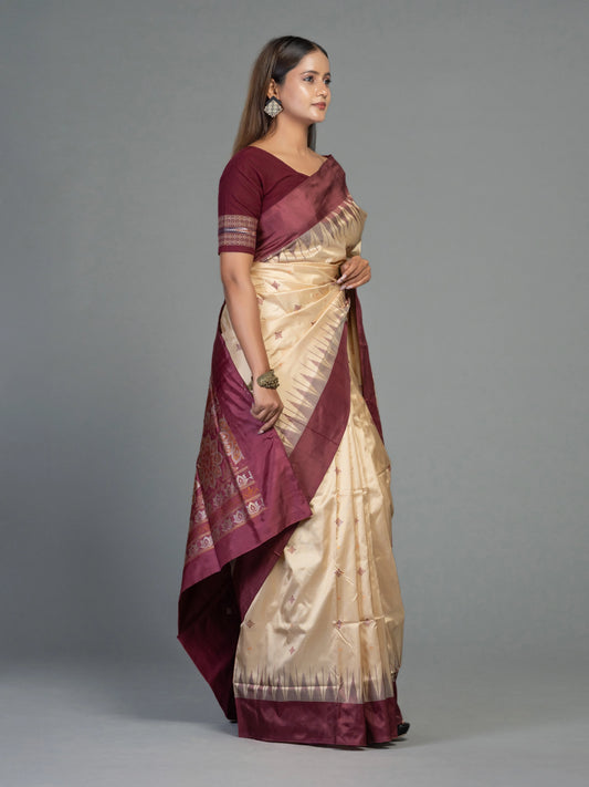 Beige & Coffee Pure Mulberry Silk Bomkai Saree - Pallu and anchal detail