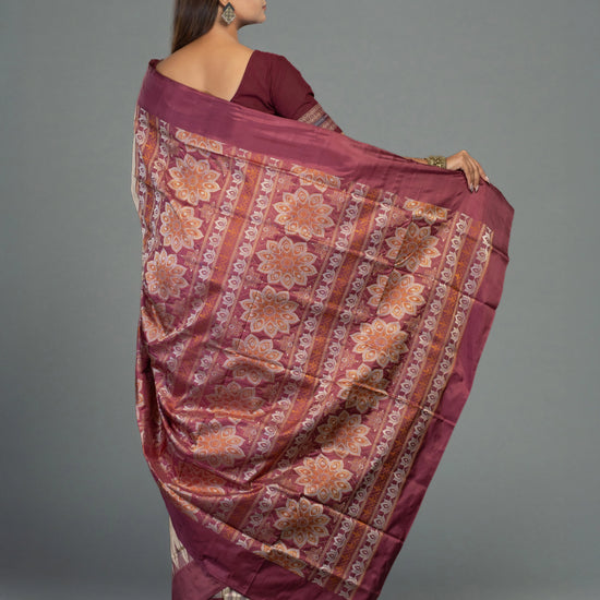 Beige & Coffee Pure Mulberry Silk Bomkai Saree - Body motifs and craftsmanship