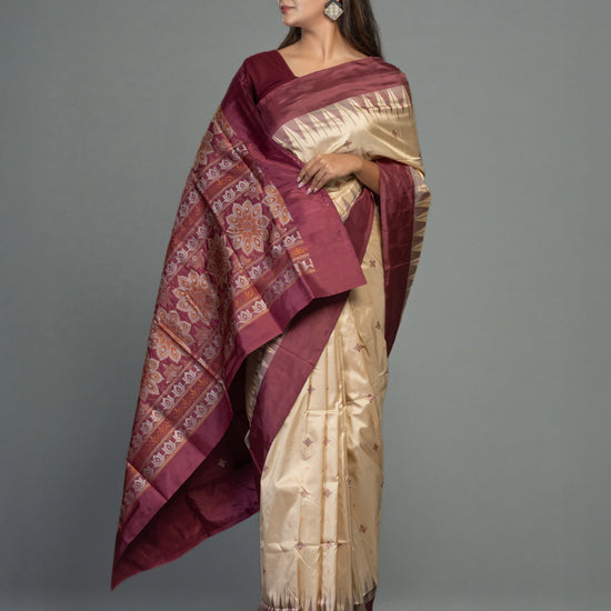 Beige & Coffee Pure Mulberry Silk Bomkai Saree - Fabric texture and drape