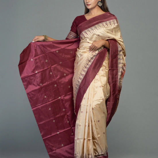 Beige & Coffee Pure Mulberry Silk Bomkai Saree - Handloom detail shot