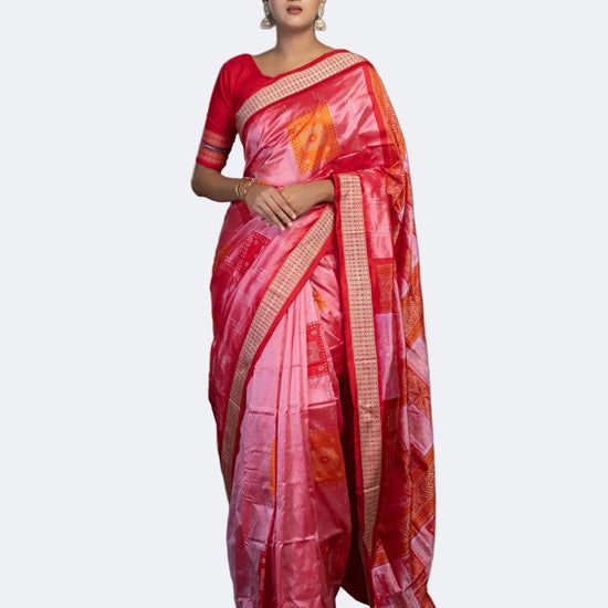Pink, Coral, Red & Orange Mulberry Silk Bomkai Saree - Full drape view