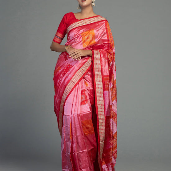 Pink, Coral, Red & Orange Mulberry Silk Bomkai Saree - Fabric texture and drape