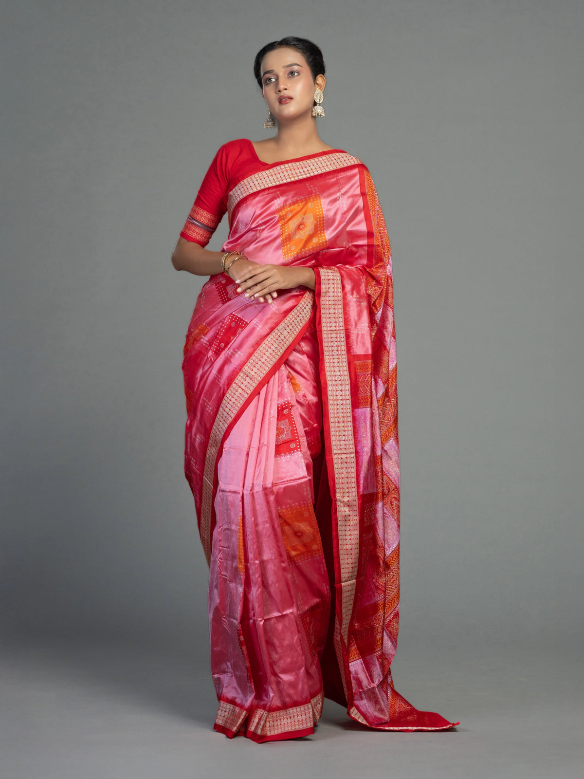 Pink, Coral, Red & Orange Mulberry Silk Bomkai Saree - Fabric texture and drape