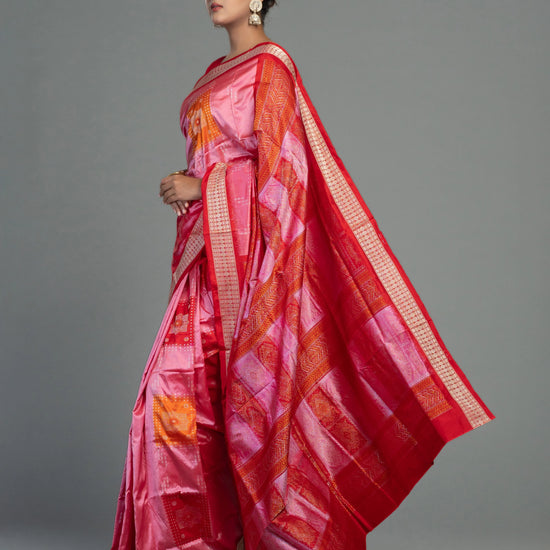 Pink, Coral, Red & Orange Mulberry Silk Bomkai Saree - Body motifs and craftsmanship