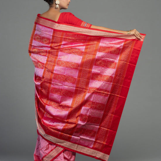 Pink, Coral, Red & Orange Mulberry Silk Bomkai Saree - Border and weave close-up