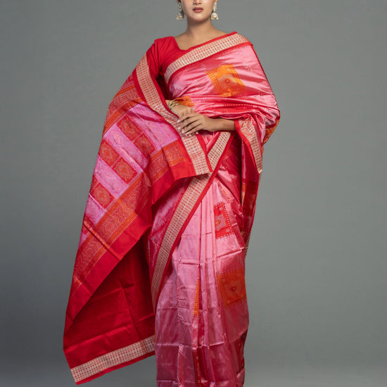 Pink, Coral, Red & Orange Mulberry Silk Bomkai Saree - Pallu and anchal detail