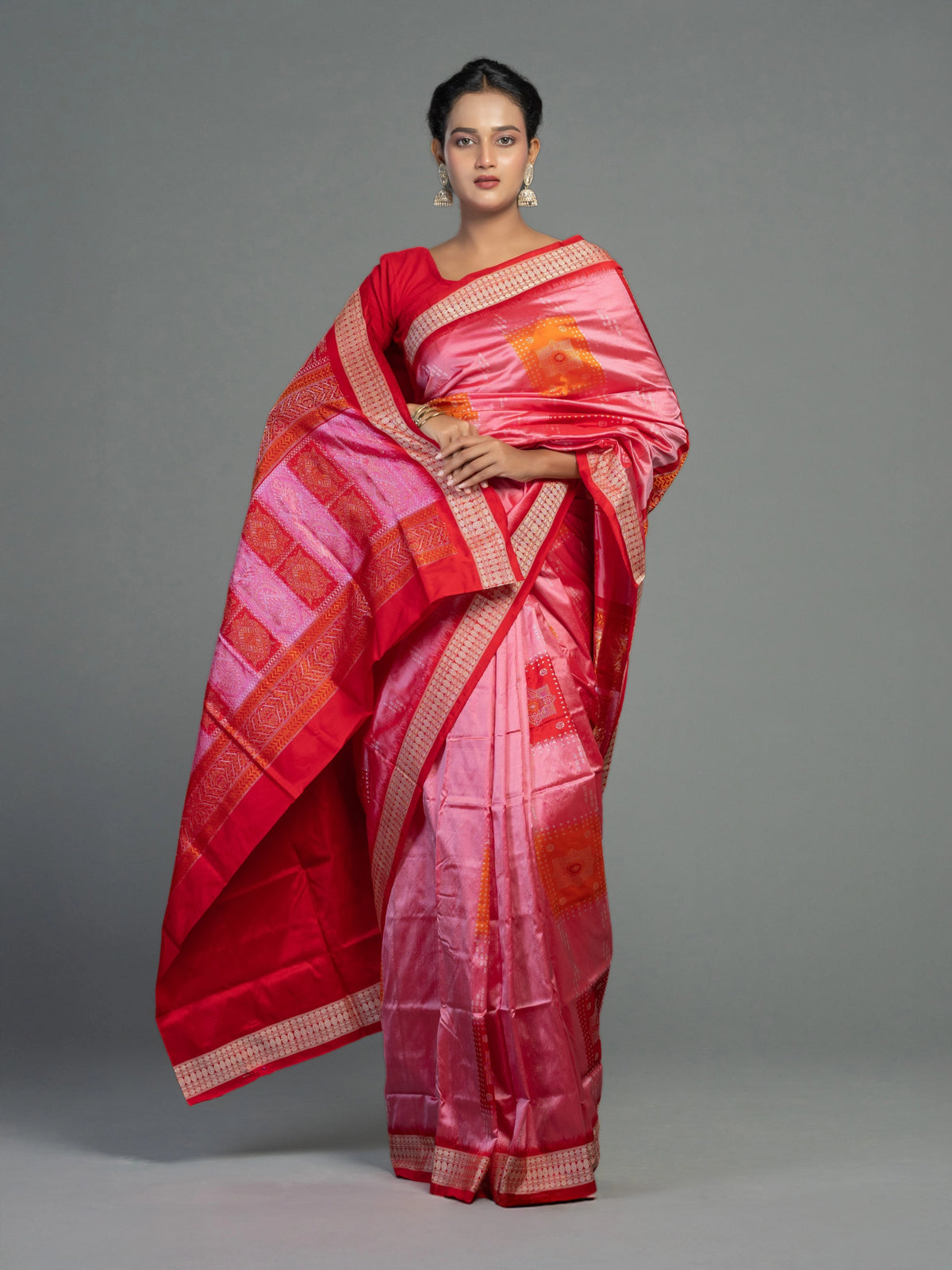Pink, Coral, Red & Orange Mulberry Silk Bomkai Saree - Pallu and anchal detail