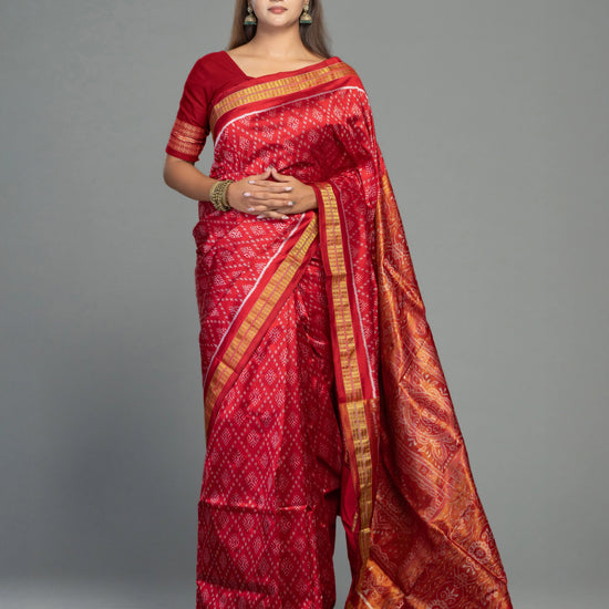 Deep Red & Gold Half Tissue Silk Single Ikat Saree - Fabric texture and drape