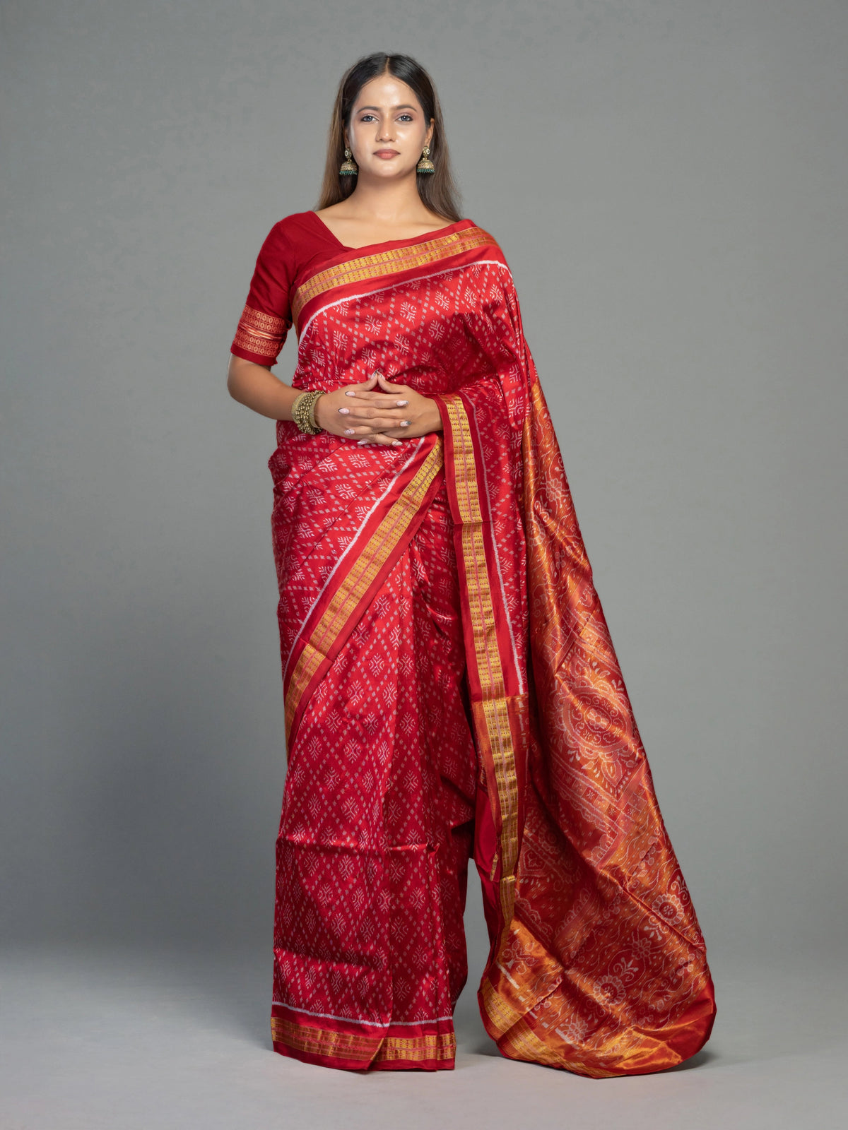 Deep Red & Gold Half Tissue Silk Single Ikat Saree - Fabric texture and drape
