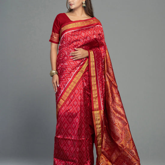 Deep Red & Gold Half Tissue Silk Single Ikat Saree - Border and weave close-up