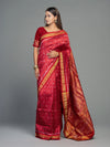 Deep Red & Gold Half Tissue Silk Single Ikat Saree - Border and weave close-up