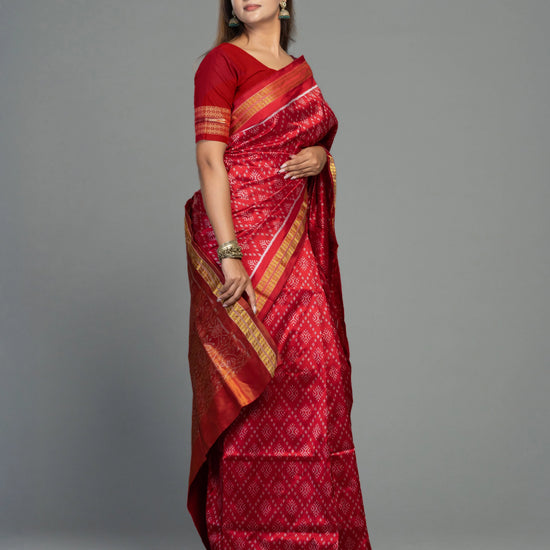 Deep Red & Gold Half Tissue Silk Single Ikat Saree - Body motifs and craftsmanship