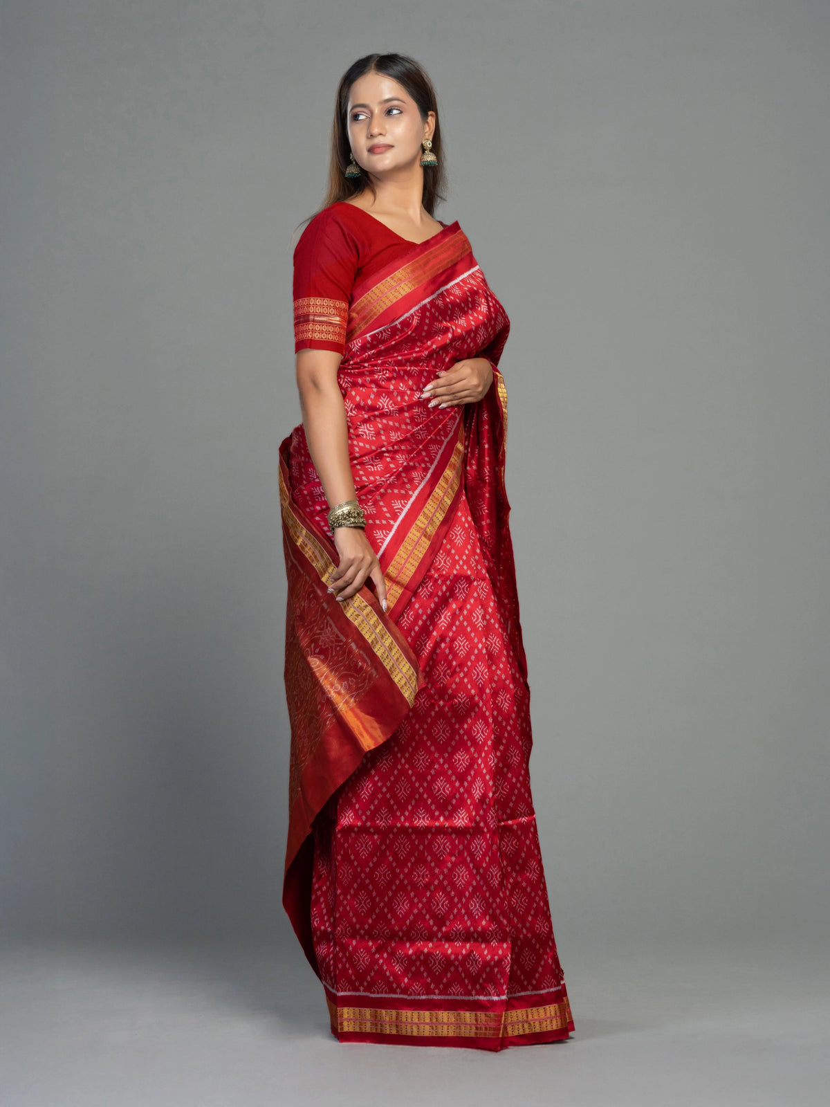 Deep Red & Gold Half Tissue Silk Single Ikat Saree - Body motifs and craftsmanship