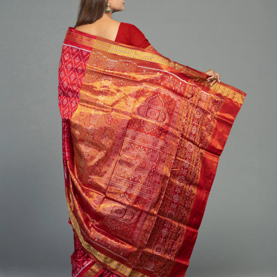 Deep Red & Gold Half Tissue Silk Single Ikat Saree - Pallu and anchal detail
