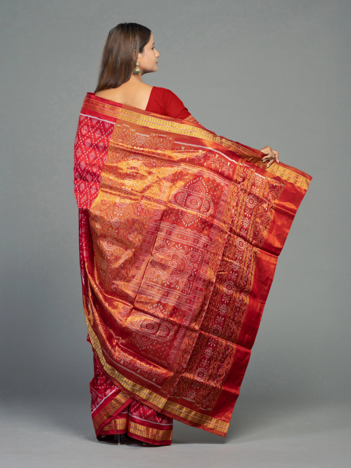 Deep Red & Gold Half Tissue Silk Single Ikat Saree - Pallu and anchal detail