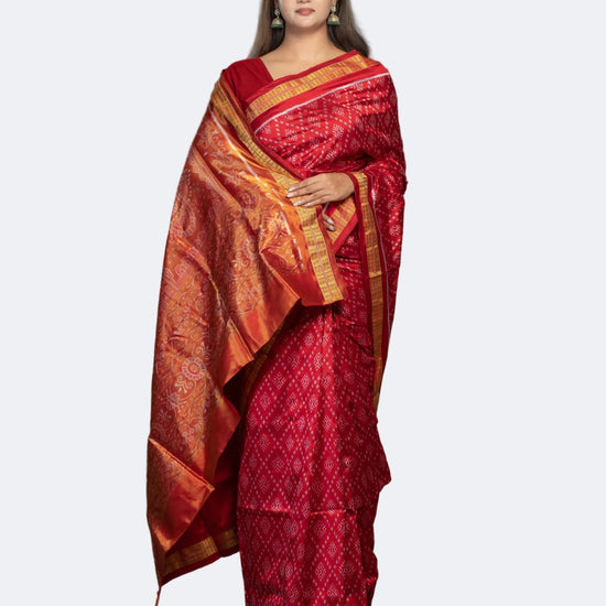 Deep Red & Gold Half Tissue Silk Single Ikat Saree - Full drape view
