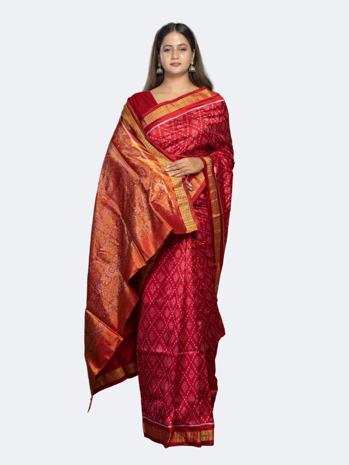 Deep Red & Gold Half Tissue Silk Single Ikat Saree - Full drape view
