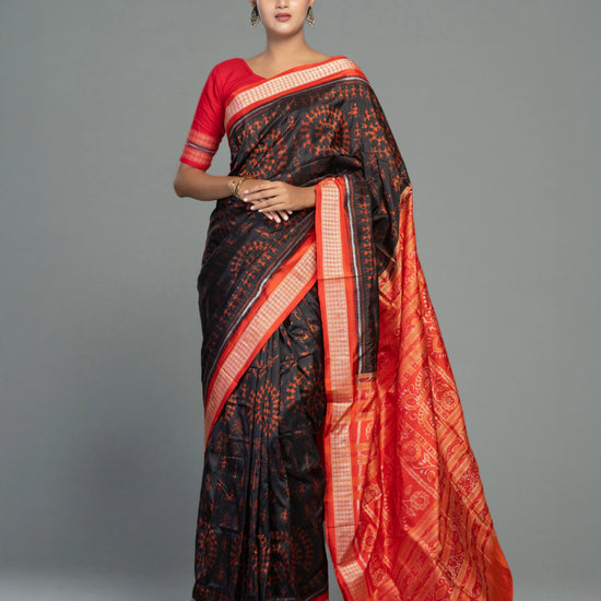 Black & Rust Pure Mulberry Silk Single Ikat Saree - Body motifs and craftsmanship