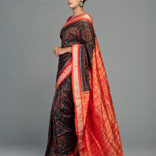 Black & Rust Pure Mulberry Silk Single Ikat Saree - Fabric texture and drape