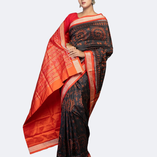 Black & Rust Pure Mulberry Silk Single Ikat Saree - Full drape view