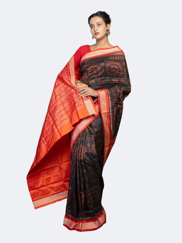 Black & Rust Pure Mulberry Silk Single Ikat Saree - Full drape view