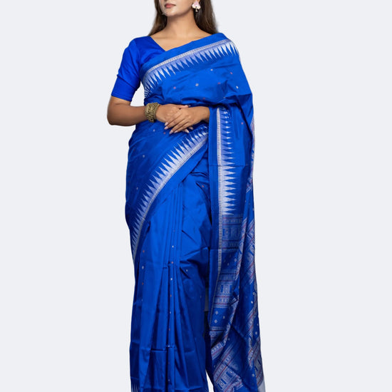 Exclusive Blue Pure Mulberry Silk Bomkai Saree - Full drape view