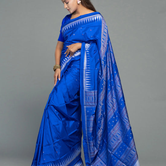Exclusive Blue Pure Mulberry Silk Bomkai Saree - Fabric texture and drape