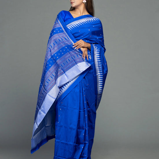 Exclusive Blue Pure Mulberry Silk Bomkai Saree - Pallu and anchal detail