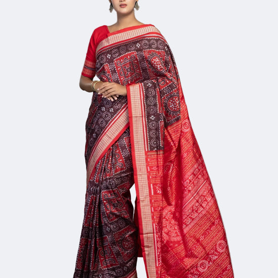 Crimson Red & Maroon Mulberry Silk Single Ikat Saree - Full drape view