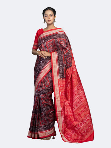 Crimson Red & Maroon Mulberry Silk Single Ikat Saree - Full drape view