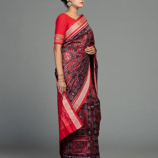 Crimson Red & Maroon Mulberry Silk Single Ikat Saree - Fabric texture and drape
