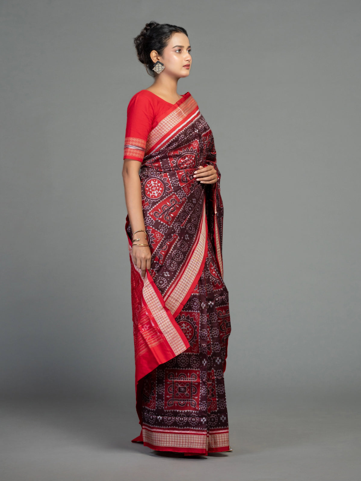 Crimson Red & Maroon Mulberry Silk Single Ikat Saree - Fabric texture and drape