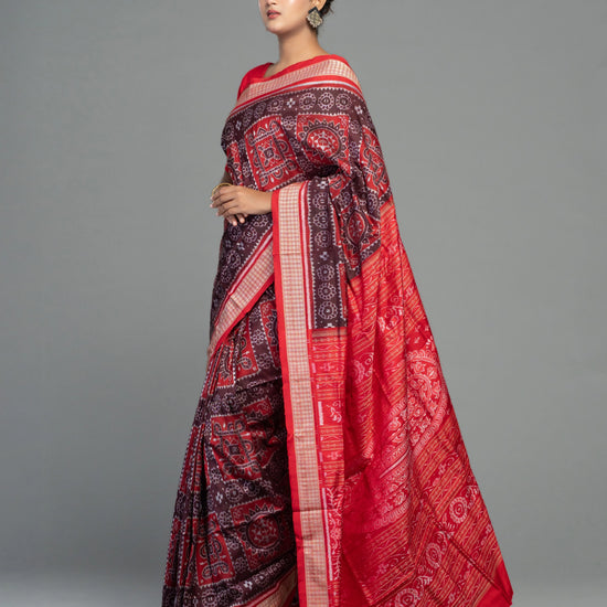 Crimson Red & Maroon Mulberry Silk Single Ikat Saree - Handloom detail shot