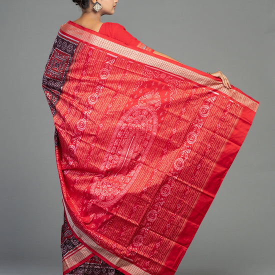 Crimson Red & Maroon Mulberry Silk Single Ikat Saree - Body motifs and craftsmanship