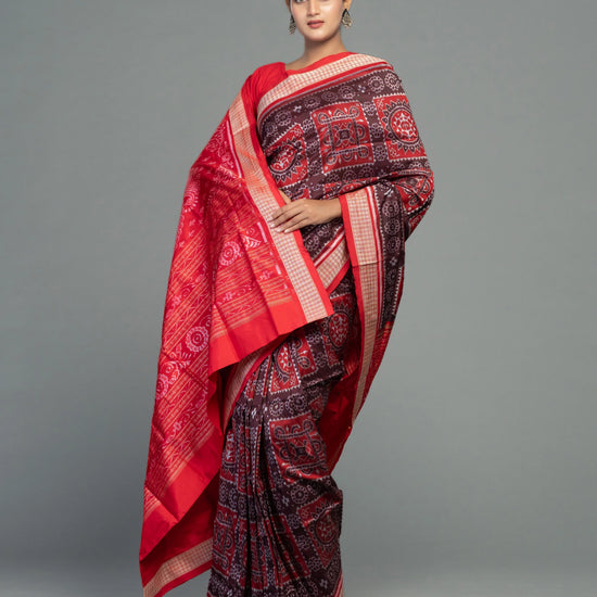 Crimson Red & Maroon Mulberry Silk Single Ikat Saree - Pallu and anchal detail