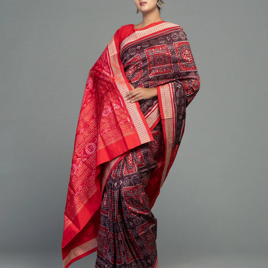 Crimson Red & Maroon Mulberry Silk Single Ikat Saree - Border and weave close-up