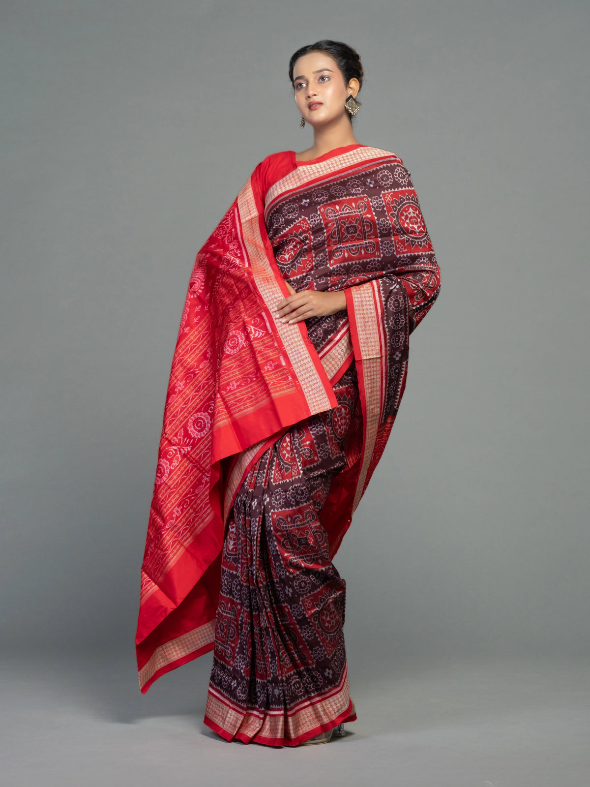 Crimson Red & Maroon Mulberry Silk Single Ikat Saree - Border and weave close-up