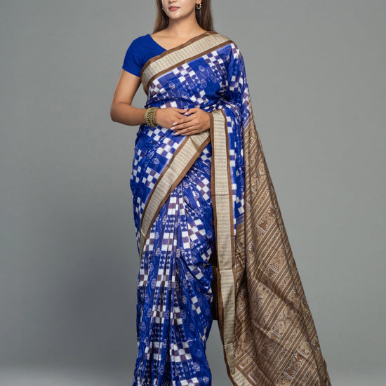 Cobalt Blue & White Mulberry Silk Double Ikat Saree - Fabric texture and drape