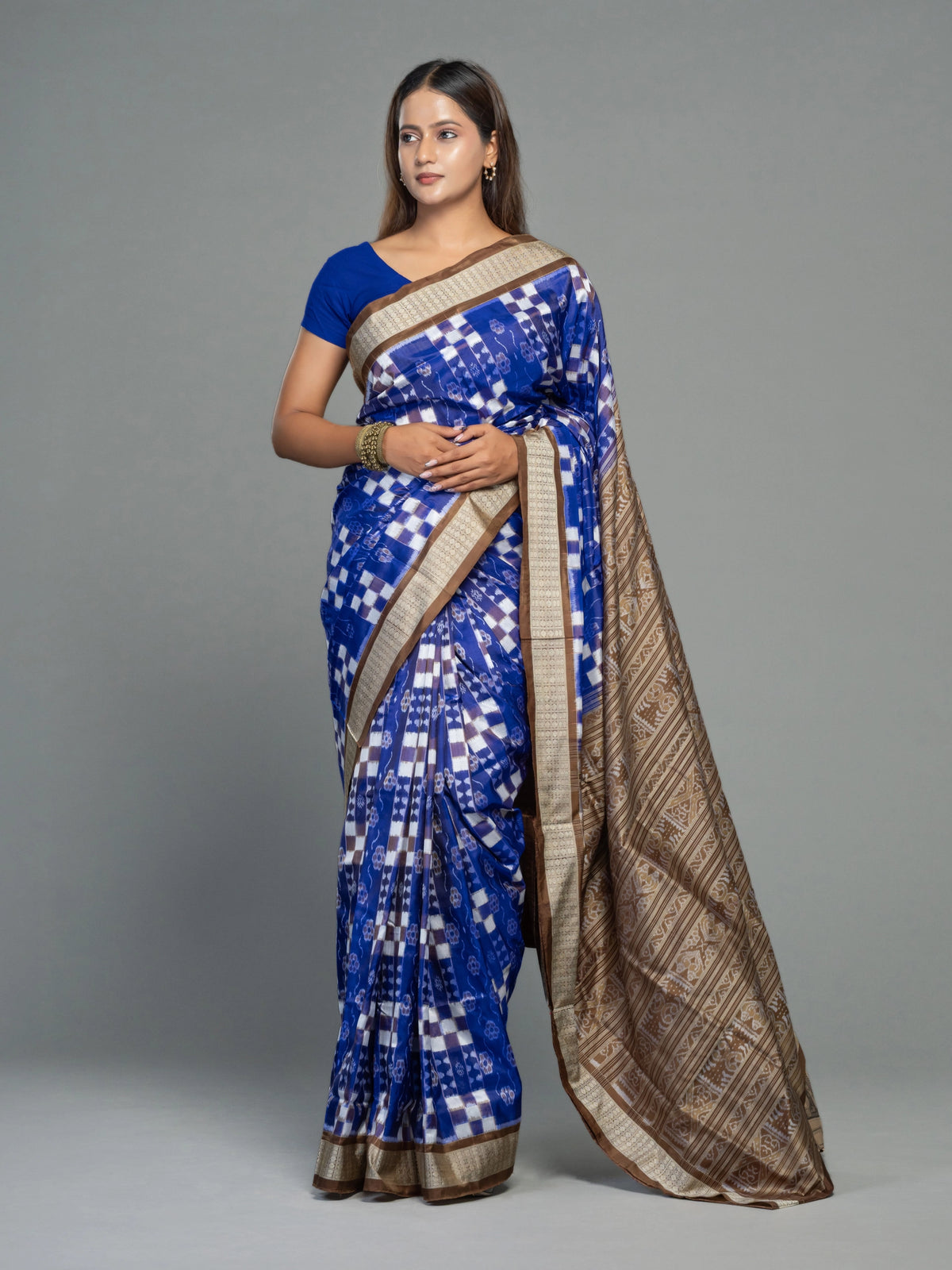 Cobalt Blue & White Mulberry Silk Double Ikat Saree - Fabric texture and drape